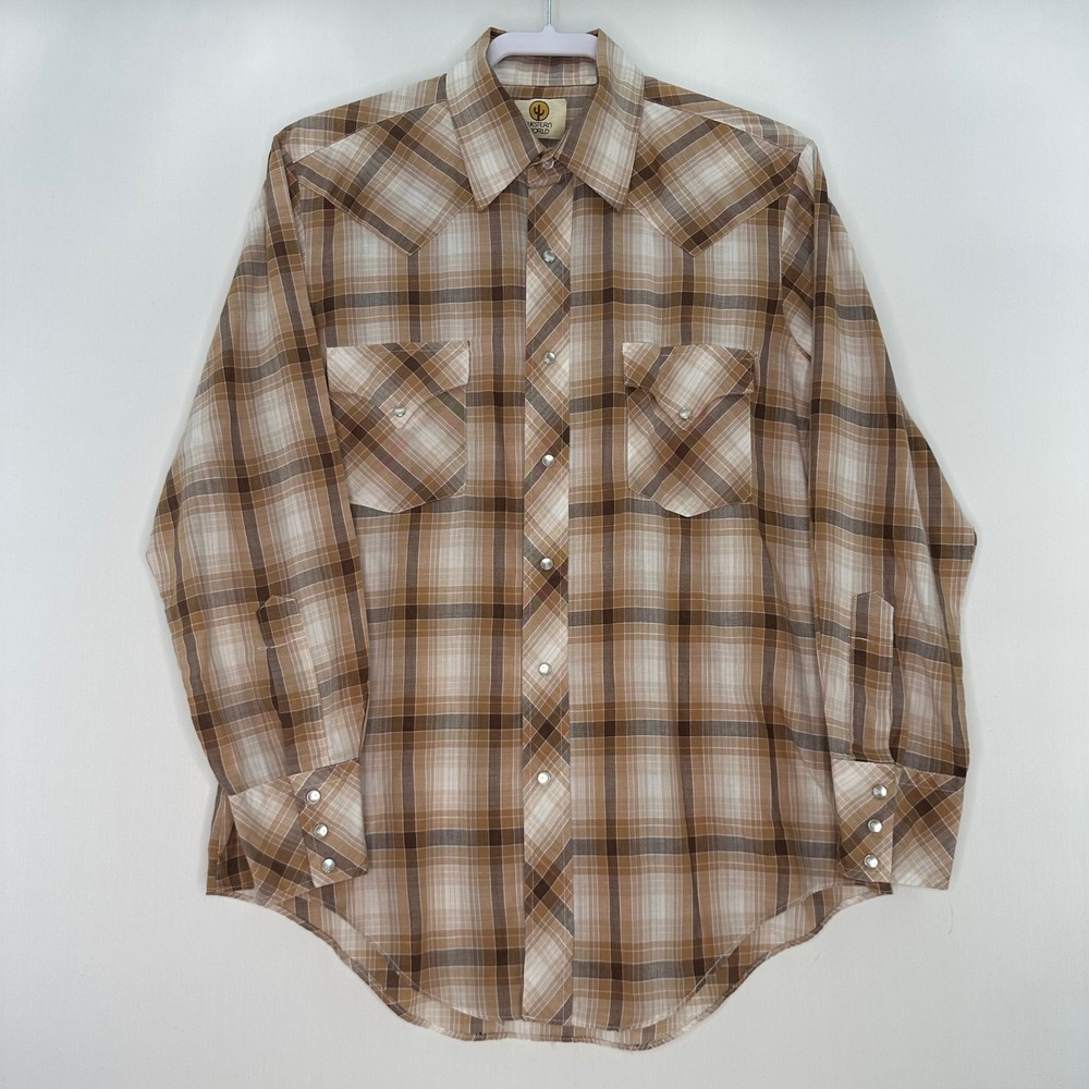 Vintage 1970s -80s Western World Plaid Western Shirt Brown Tan Pearl Snap Cowboy